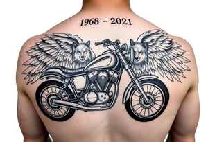 the year 1958 - 2021 with a motorcycle on it with guardian angel wolves tattoo idea