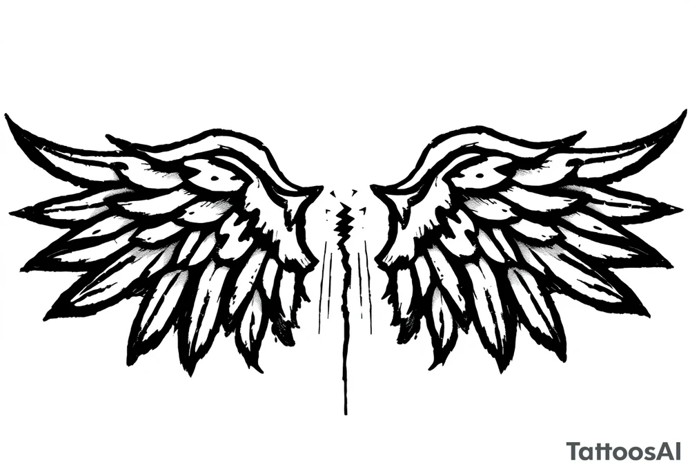 This tattoo design features a pair of stylized wings drawn in black ink with a sketch-like, abstract aesthetic. The wings are composed of sharp, angular feathers with jagged edges, giving them a rough, almost tribal or gothic appearance. The shading is done with a mix of soft gradients and stippling, adding depth and texture to the design. The center where the wings meet is fragmented, with thin lines extending downward, creating a sense of movement and raw energy. This design would make for a bold and edgy tattoo, symbolizing freedom, strength, or a rebellious spirit. tattoo idea