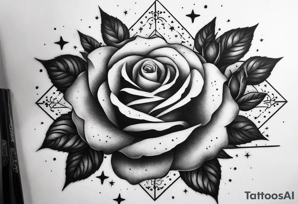 Tesseract with big roses and small stars around it tattoo idea