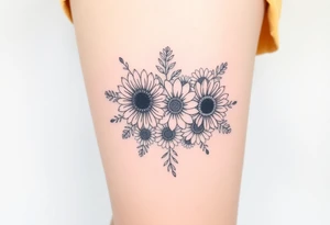 Bouquet of sunflowers, water Lillies, dahlias, marigolds, carnations, hydrangeas, daisys, and chrysanthemums tattoo idea