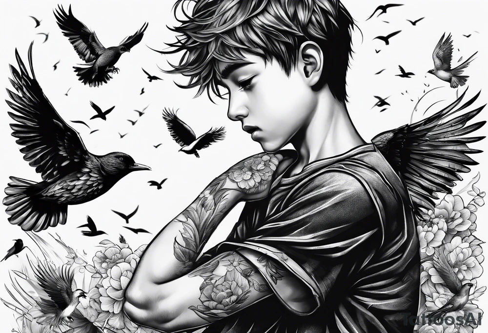 boy crying, being attacked by birds tattoo idea