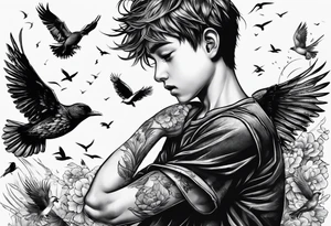 boy crying, being attacked by birds tattoo idea