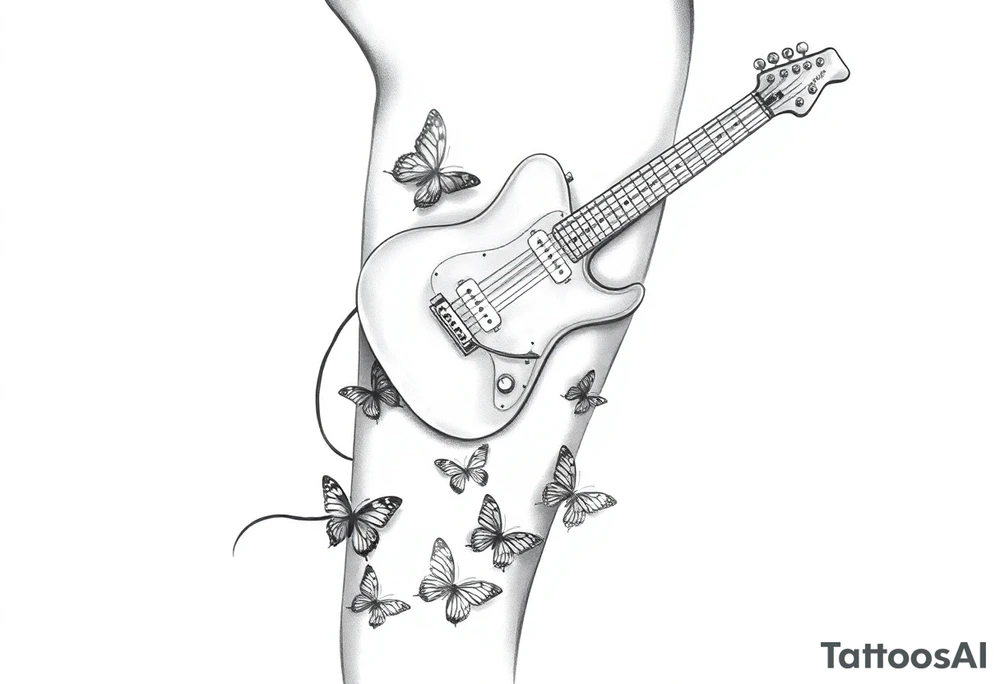 An electric guitar with the cord running down wrapped around the leg and five or six butterflies around it tattoo idea