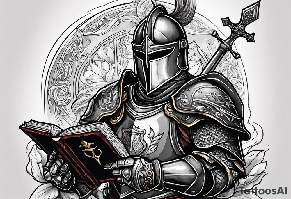 knight holding a bible over his head in combat tattoo idea