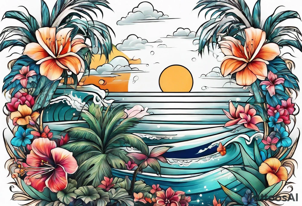 sea,, night, flower, palm, tattoo idea