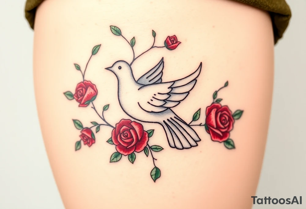 A collared dove surrounded by swirling vines and roses, with the dove in light gray and soft white, and the vines in green with hints of deep red for the roses tattoo idea
