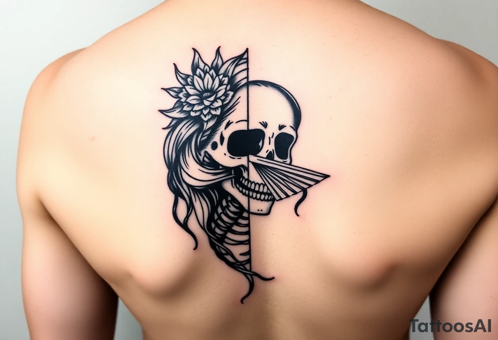 Samaria girl half face and half skeleton with a fan across her face tattoo idea