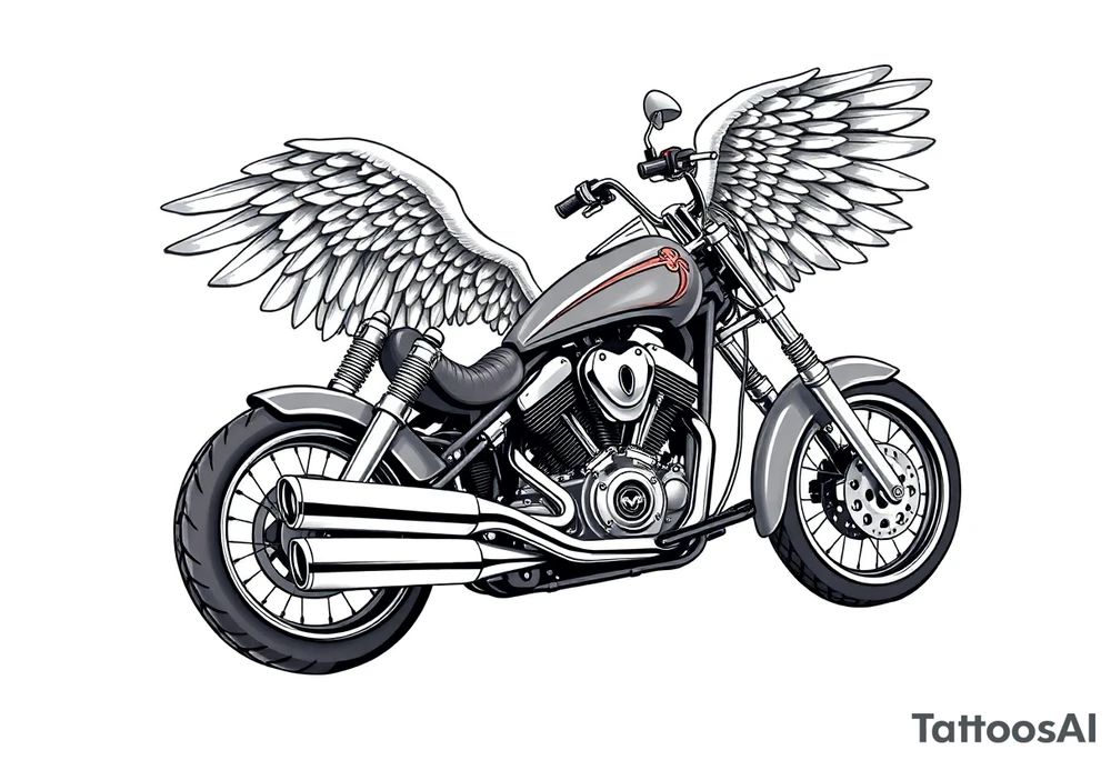 Low rider grey motorcycle, big muffler pipes with flames, angel wings, driving away, no person tattoo idea