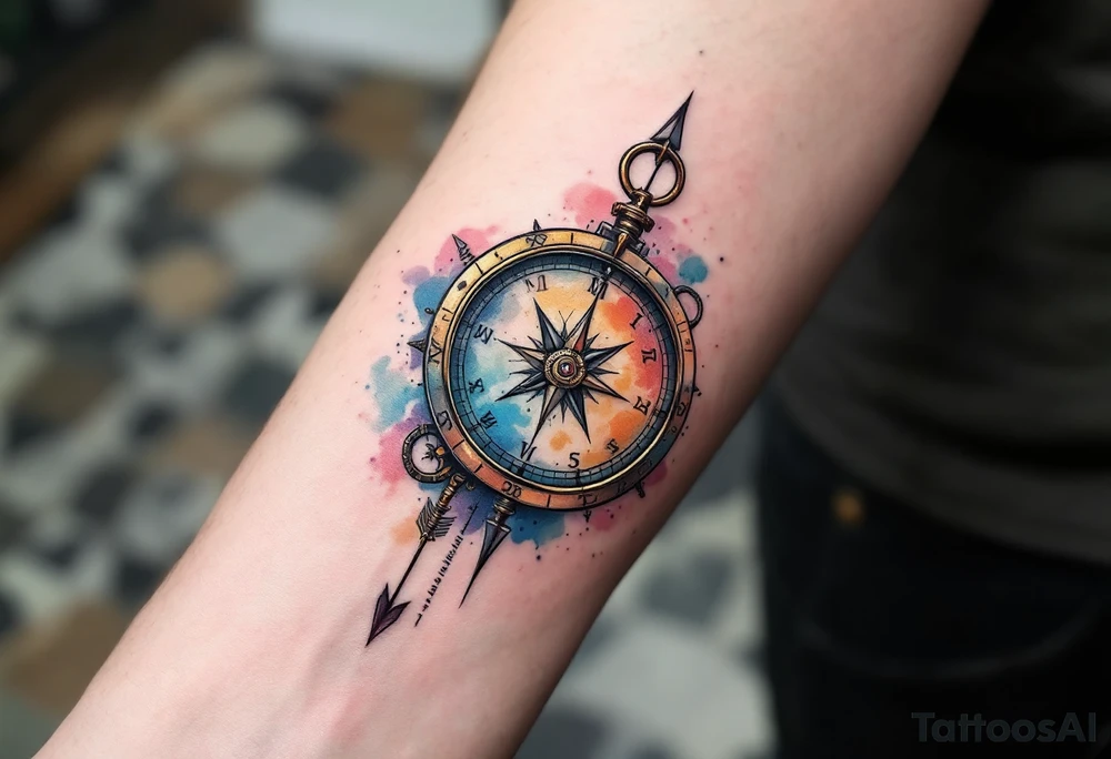 steampunk half compass half clock with a full length arrow pointing at my wrist and saying "Isaiah 40:31" tattoo idea