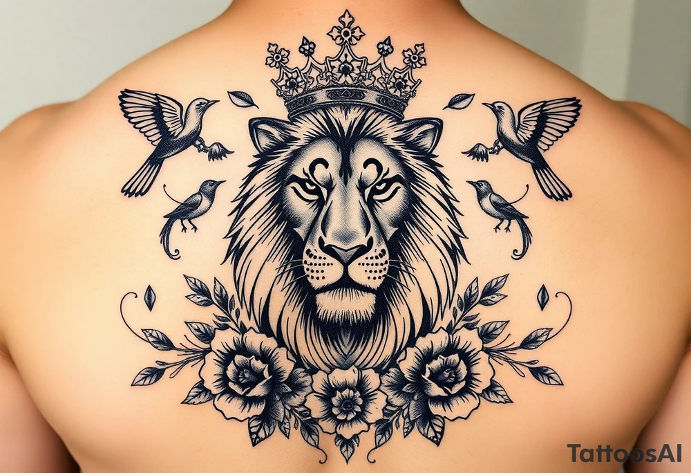 powerful majestic lion with a crown, surrounded by floral ornaments and birds tattoo idea