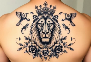 powerful majestic lion with a crown, surrounded by floral ornaments and birds tattoo idea