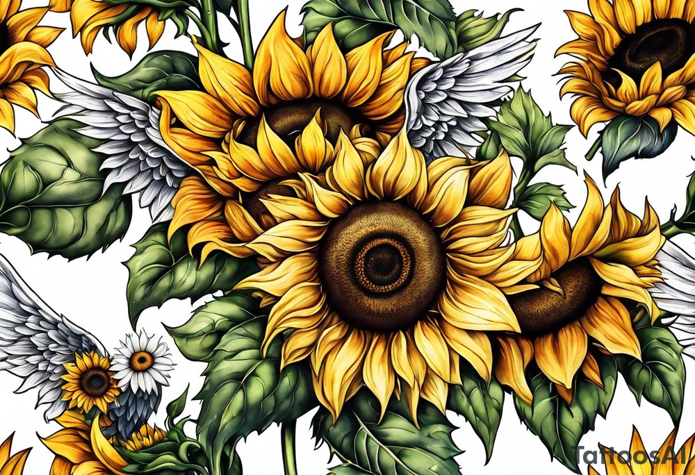 Sunflowers and angel wings leg sleeve tattoo idea