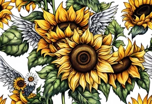 Sunflowers and angel wings leg sleeve tattoo idea
