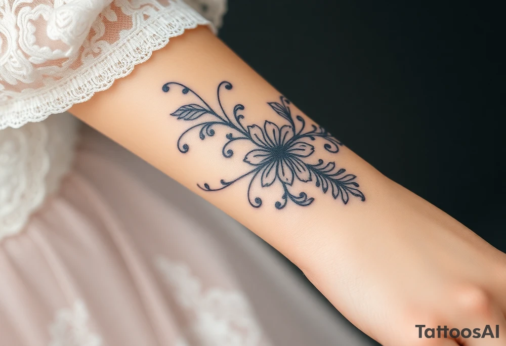 A delicate wedding bouguet flowing in the wind, adorned with lace patterns and soft, romantic shading tattoo idea