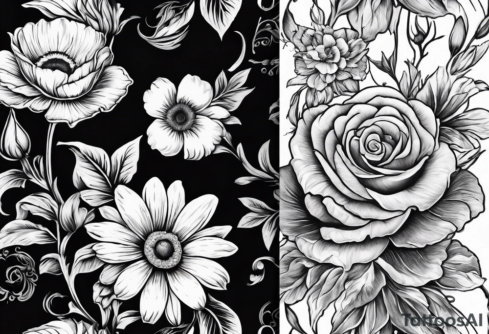 A vintage vertical design of a single daisy and a single rose with gladiolus flowers and poppies weaving through the daisy and rose tattoo idea