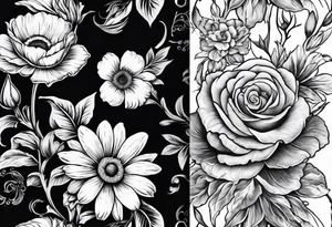 A vintage vertical design of a single daisy and a single rose with gladiolus flowers and poppies weaving through the daisy and rose tattoo idea