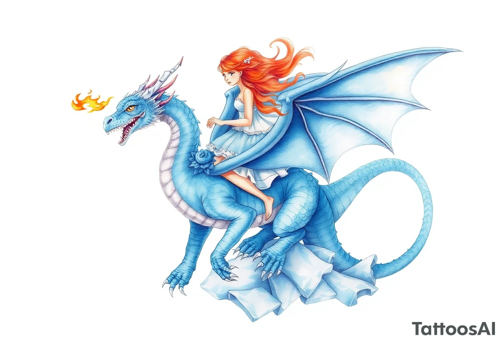 Redheaded girl riding a blue fire breathing dragon with wings spread and flying over ice tattoo idea