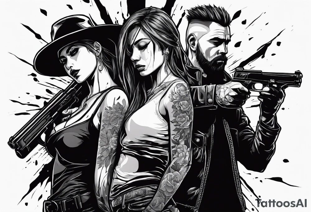 In the reflection of a eye crying blood two black siloets of people holding guns one man dead on the ground with a wounded woman standing behind him tattoo idea