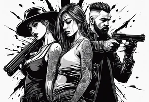 In the reflection of a eye crying blood two black siloets of people holding guns one man dead on the ground with a wounded woman standing behind him tattoo idea
