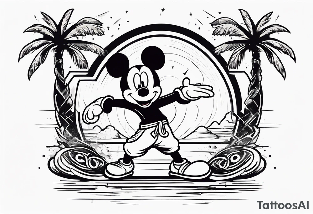 mickey mouse doing martial arts with palm trees, lightning storm and the celtic symbol for family tattoo idea