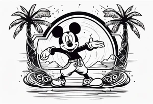 mickey mouse doing martial arts with palm trees, lightning storm and the celtic symbol for family tattoo idea