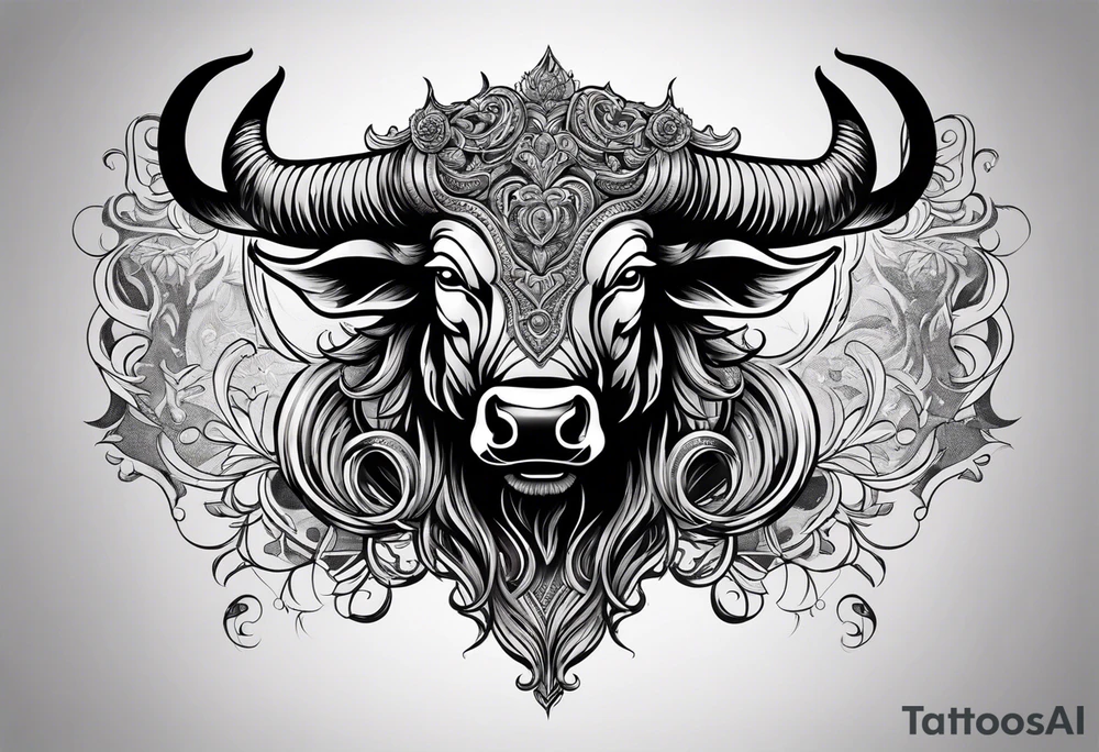 Evil, scary bull with horns surrounded by fill work for back tattoo. On a back tattoo idea