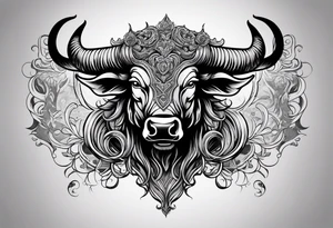 Evil, scary bull with horns surrounded by fill work for back tattoo. On a back tattoo idea