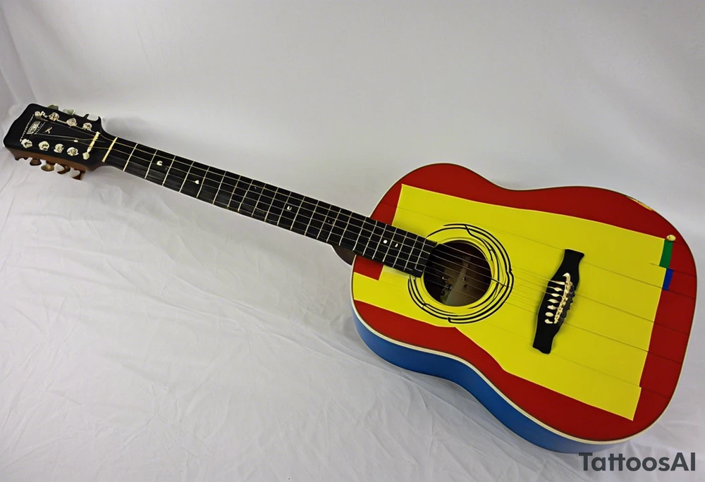 acoustic guitar with cut diagonally with one side with the flag of curacao, the other with some raggae colors. on the outside of the guitar, the side with the curacao flag to adorned with some becah or sea creature theme, like a sea turtle. The side with the raggae to have some music notes flowing out tattoo idea