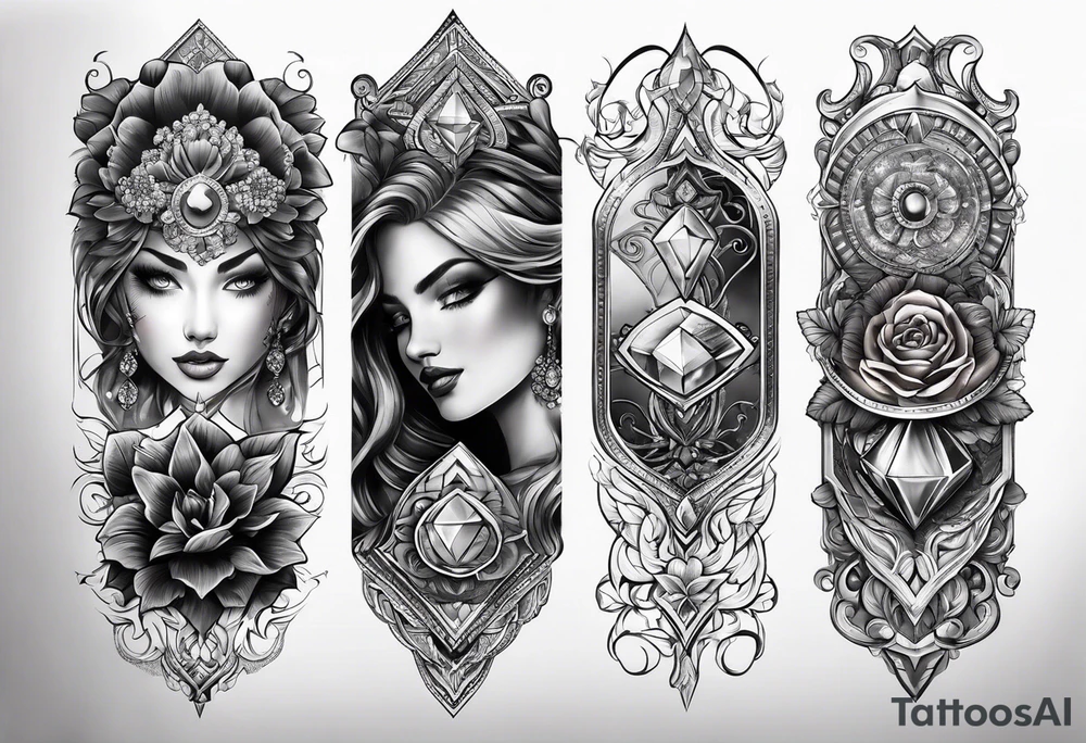Sleeve on the forearm with a diamond in the middle tattoo idea