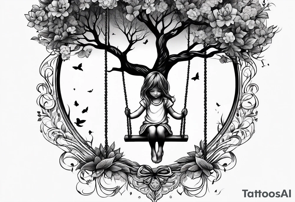 little girl swinging under a tree of life tattoo idea