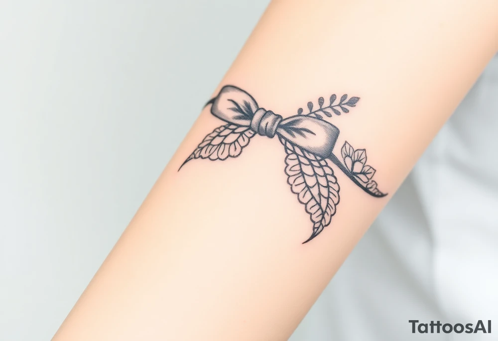 A lace ribbon bracelet tied into a bow, designed with subtle grey and white shading for a realistic fabric effect tattoo idea