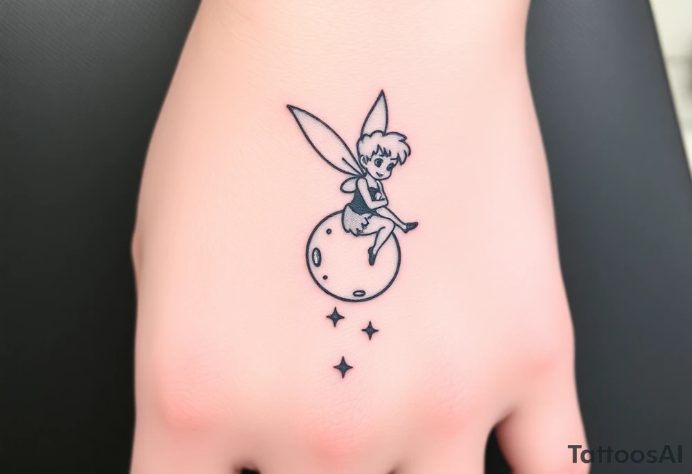 Tinkerbell sitting on a crest moon thrown pixie dust tattoo idea