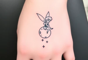 Tinkerbell sitting on a crest moon thrown pixie dust tattoo idea