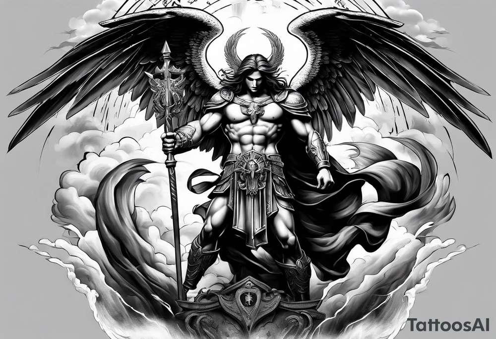 Saint Michael standing on the devil with stormy rain clouds lightning full sleeve tattoo idea Saint Michael standing on the devil with stormy rain clouds lightning full sleeve tattoo idea