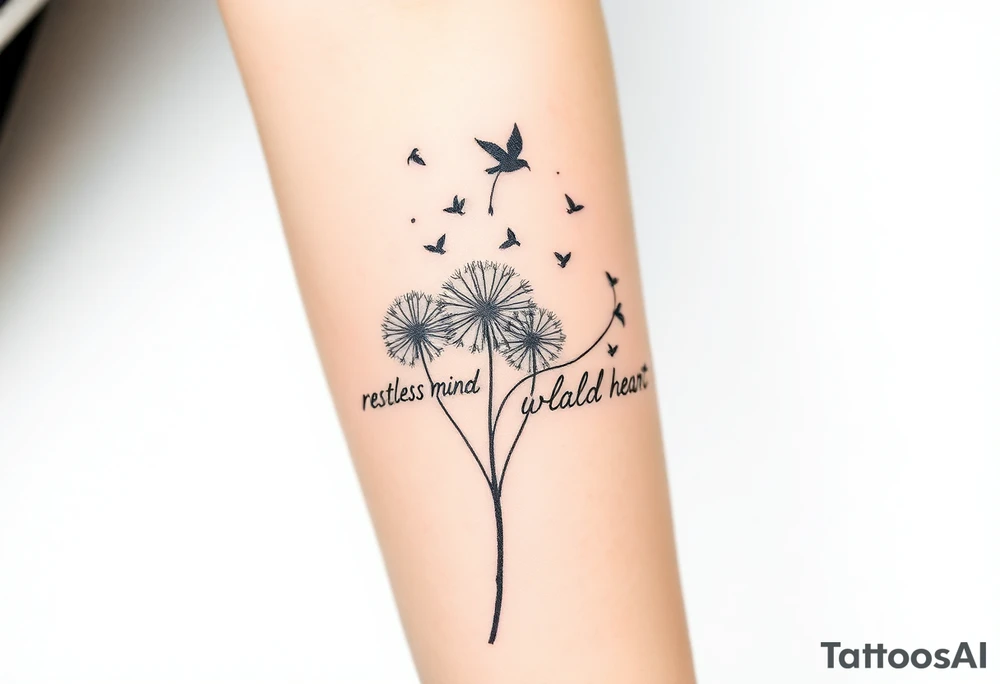 Double Black armband line around the forearm with wildflower dandelions in the middle with birds flying off and dopamine symbol coming off the stem. The words: Restless Mind, Wild Soul, Soft Heart tattoo idea