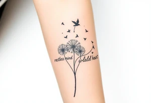 Double Black armband line around the forearm with wildflower dandelions in the middle with birds flying off and dopamine symbol coming off the stem. The words: Restless Mind, Wild Soul, Soft Heart tattoo idea