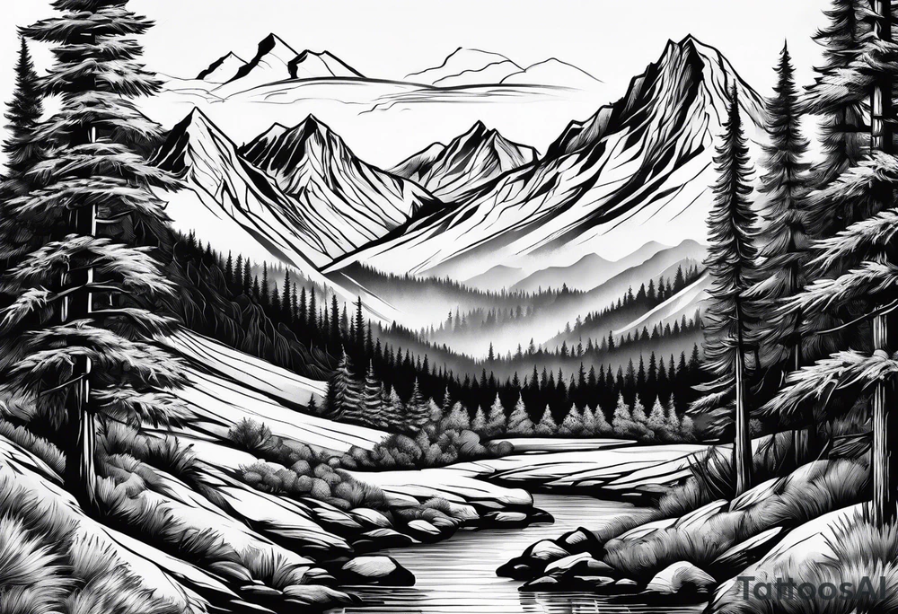 mountains and pine trees tattoo idea