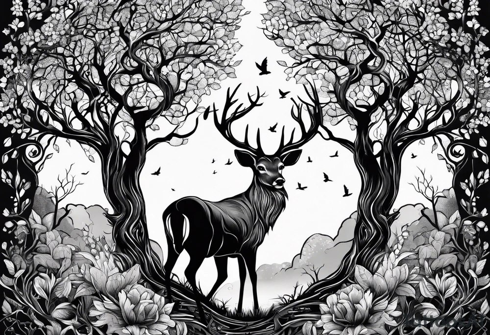 tree of life with root drawing a deer tattoo idea