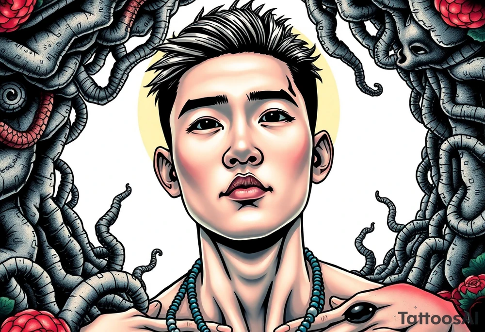 Handsome Asian young guy lost in a cursed labyrinth tattoo idea