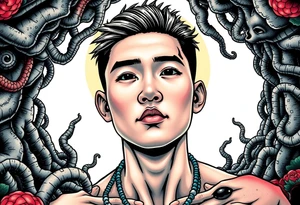 Handsome Asian young guy lost in a cursed labyrinth tattoo idea