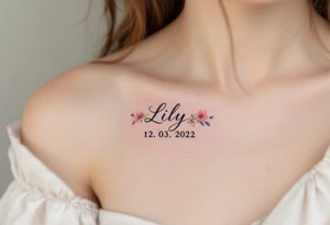 Lily 12. 03. 2022) – A delicate rose pink and lavender floral design encircles Lily's birthdate in elegant cursive, with tiny gold accents around the numbers. tattoo idea