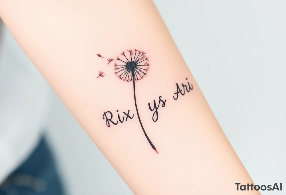 Rix Rys Ari realistic watercolor This image features a delicate dandelion tattoo on a person’s skin, with fine lines and soft shading. The dandelion’s stem extends from the bottom left corner, leading to the detailed flower head, which appears to be dispersing its seeds. The seeds are shown floating away in a natural, wind-swept motion, symbolizing freedom, change, and new beginnings.

The tattoo has a subtle watercolor effect with a gentle pinkish hue around the base of the dandelion, adding depth and softness to the design. The fine-line work gives it a refined and elegant look. tattoo idea