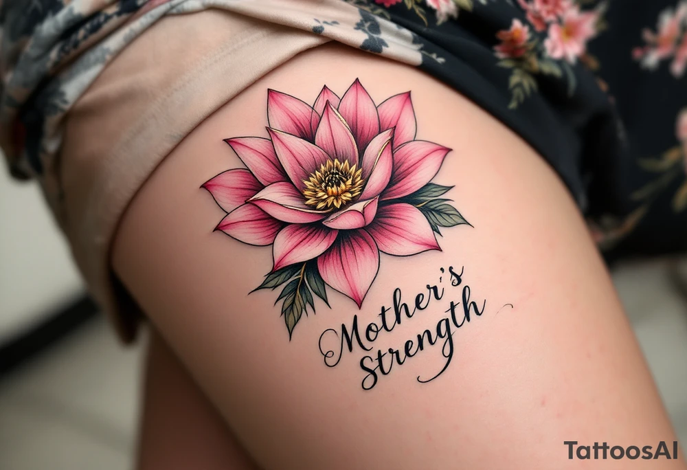 A pink lotus flower with gold highlights and the words “Mother’s Strength” in cursive below. tattoo idea