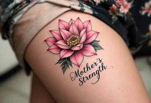 A pink lotus flower with gold highlights and the words “Mother’s Strength” in cursive below. tattoo idea