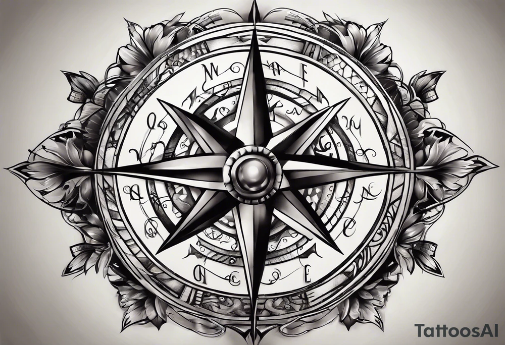 Create a tattoo sketch that visually represents the concept of us having no control of our genetics and free will, and the struggle a mind has with this. Concepts that are fine to include is time, compass rose, dna, breaking chains and consciousness itself. The sketch should have concepts blend and flow into each other. It should be aimed to fit in the left side of a man’s chest, possibly extending a bit up the elbow. tattoo idea