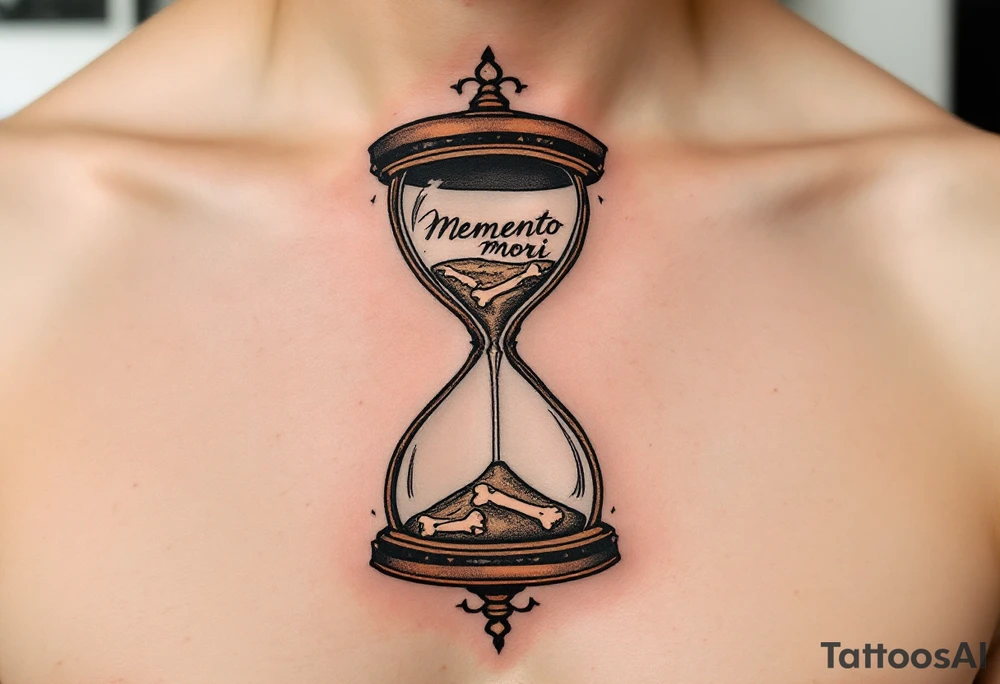 A minimalist hourglass in muted brown and beige, with bones replacing the sand and "memento mori" in fine black cursive. tattoo idea