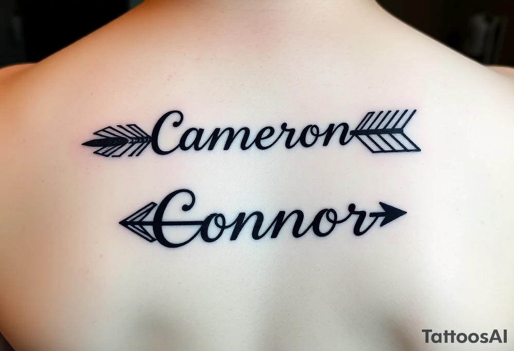 1 fancy feminine arrow that incorporates the name Cameron and another feminine arrow that incorporates the name Connor tattoo idea