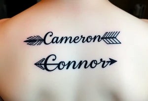 1 fancy feminine arrow that incorporates the name Cameron and another feminine arrow that incorporates the name Connor tattoo idea