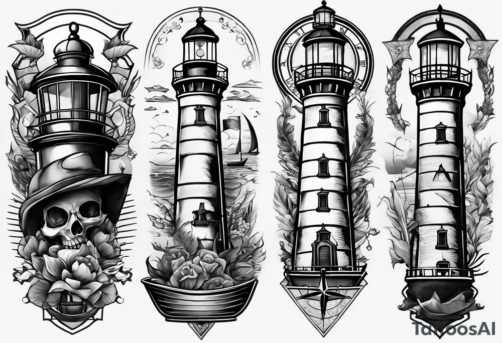 I want a lower leg sleeve with a ship, lighthouse, compass and a skull with a sailors hat on tattoo idea