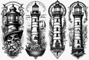 I want a lower leg sleeve with a ship, lighthouse, compass and a skull with a sailors hat on tattoo idea